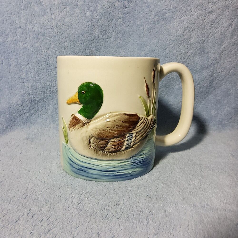 Vintage 1981 Otagiri Mallard Duck Coffee Mug 3D Relief Pond Cattails Ceramic